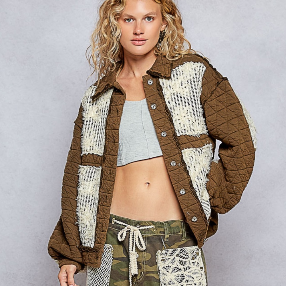 POL Brown Quilted Patchwork Jacket with Cream Crochet Lace Panels